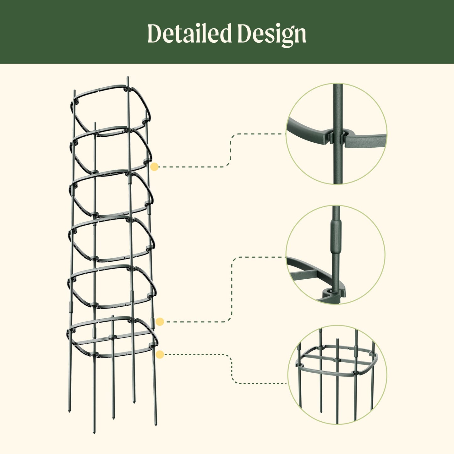Three 6-tier metal tomato support towers arranged in a garden bed around tomato plants