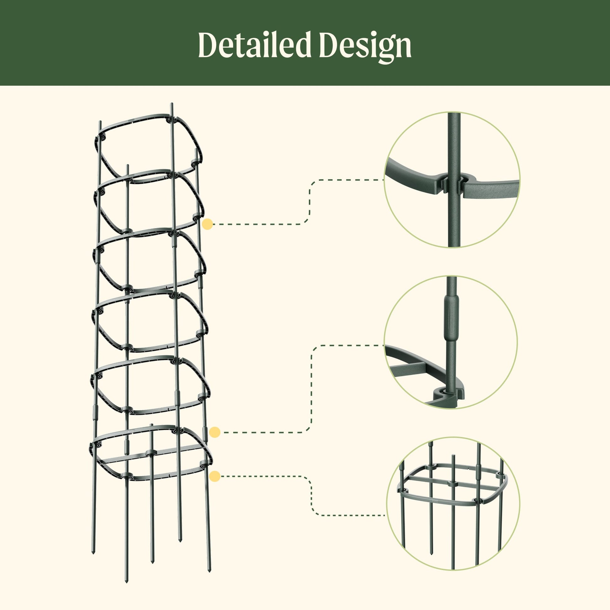 Three 6-tier metal tomato support towers arranged in a garden bed around tomato plants