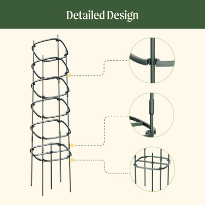 Three 6-tier metal tomato support towers arranged in a garden bed around tomato plants