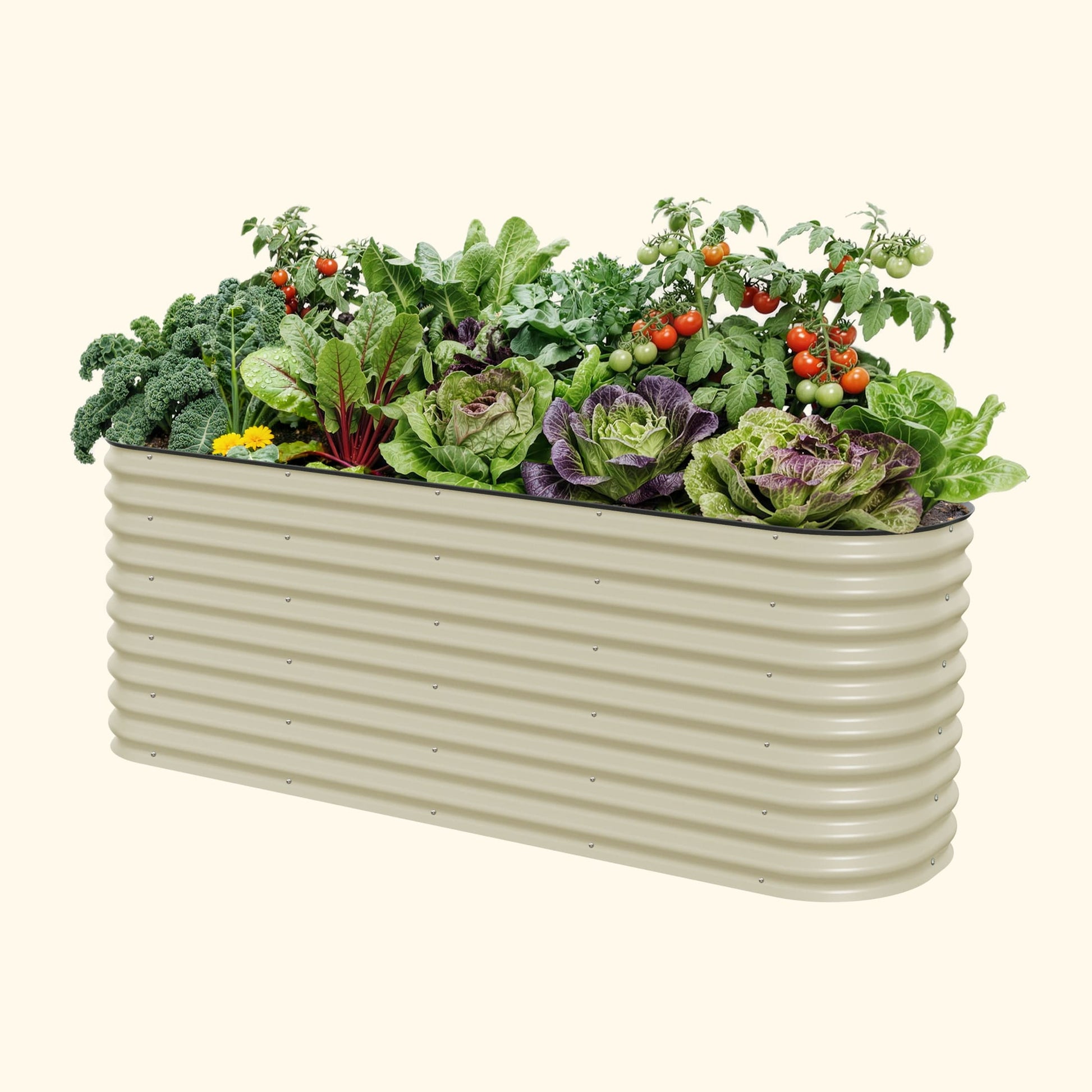 Extra-tall modular metal raised garden bed assembled outdoors with lush vegetables and herbs in raised panels