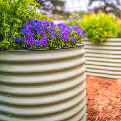 Extra-tall modular metal raised garden bed assembled in a backyard with blooming vegetables and herbs