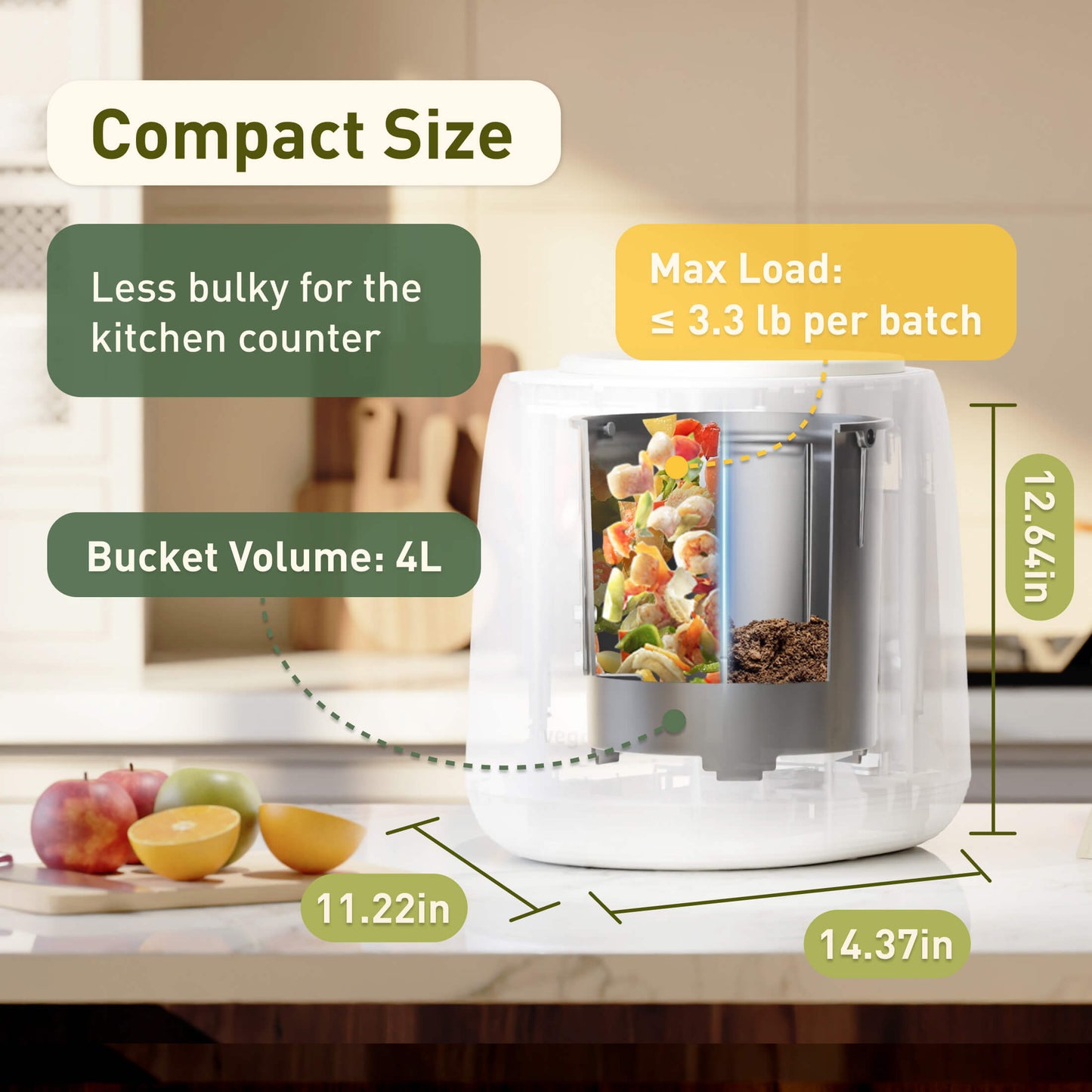 Matte white countertop compost bin with flip lid and compact round shape for kitchen scraps