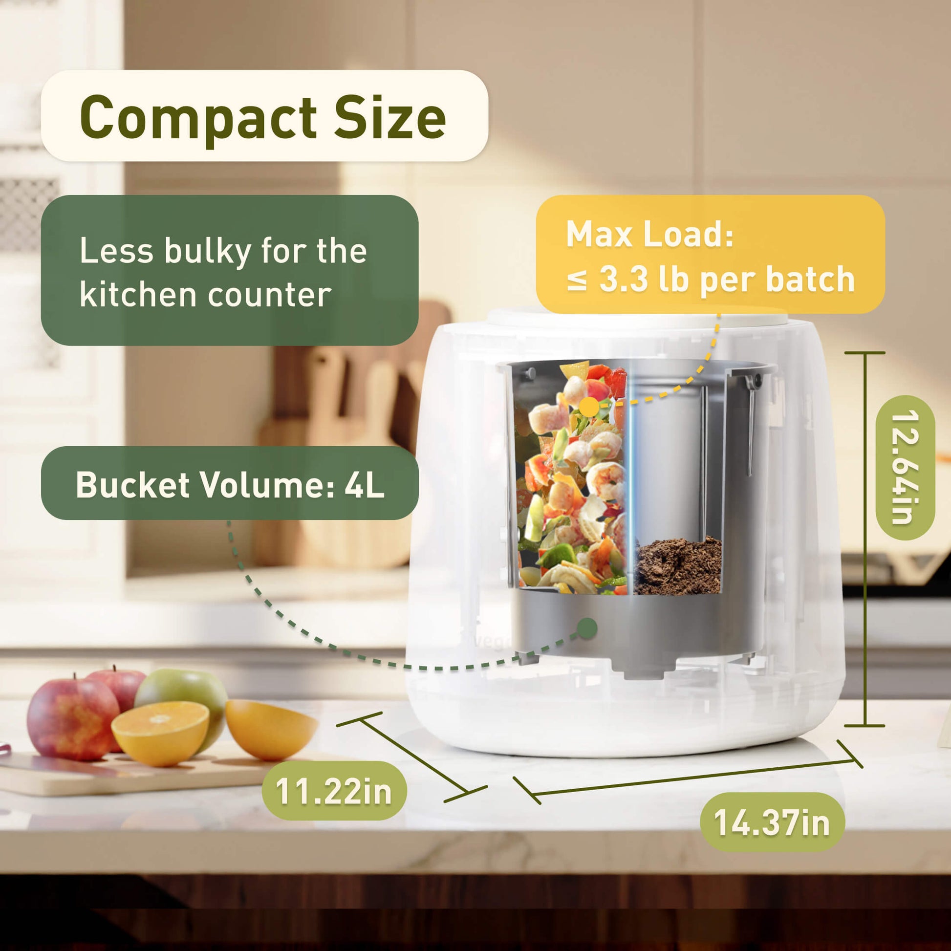 Matte white countertop compost bin with flip lid and compact round shape for kitchen scraps