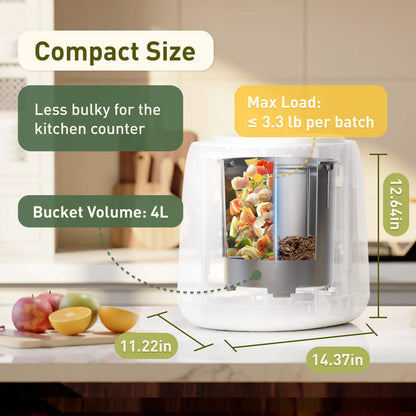Matte white countertop compost bin with flip lid and compact round shape for kitchen scraps