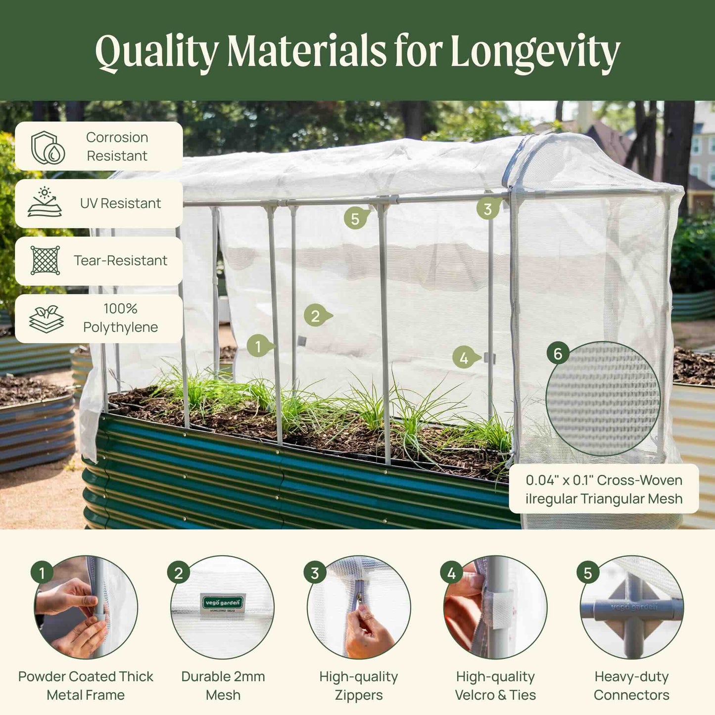 Close-up of a breathable mesh cover stretched over a rectangular garden bed to protect plants from pests and allow airflow
