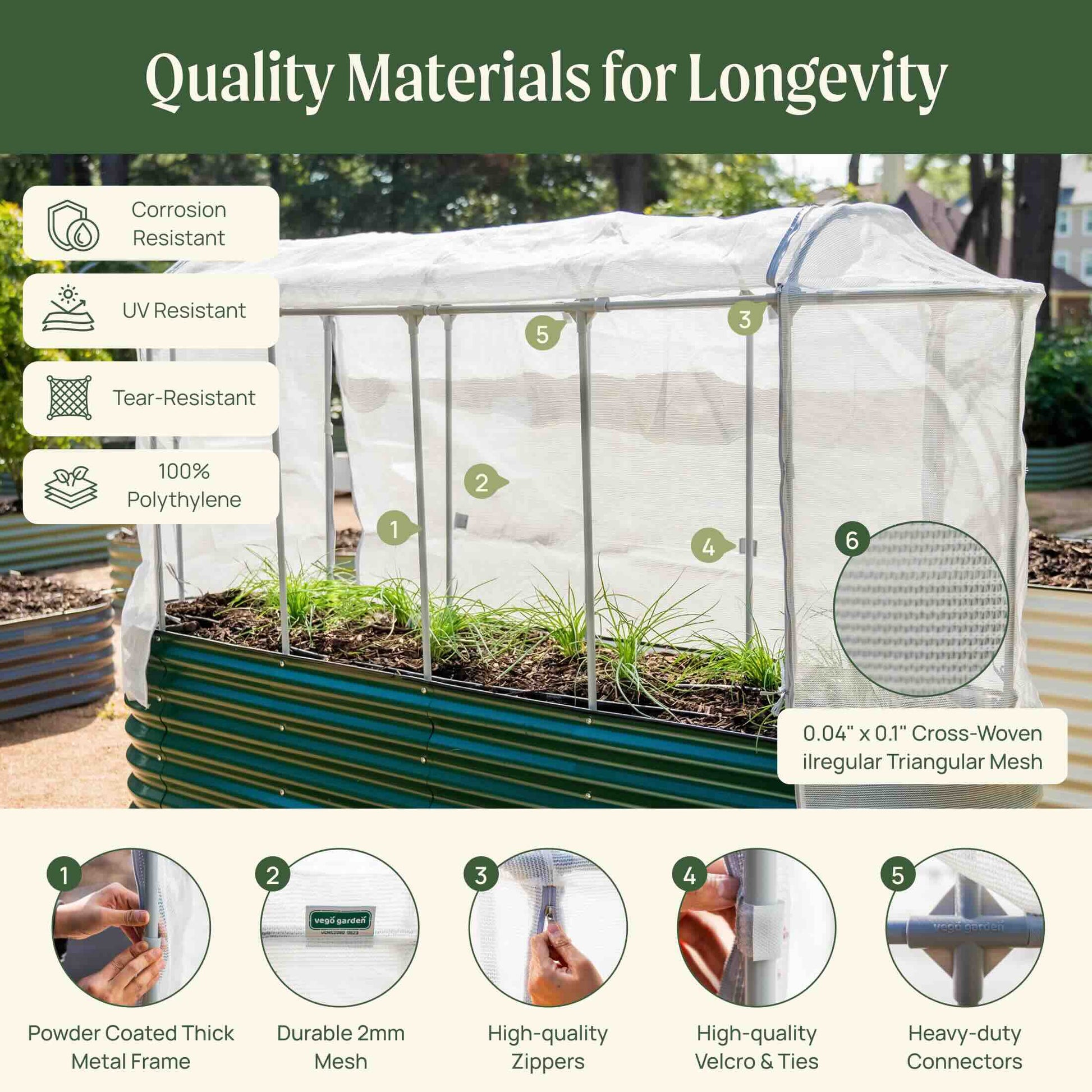 Close-up of a breathable mesh cover stretched over a rectangular garden bed to protect plants from pests and allow airflow
