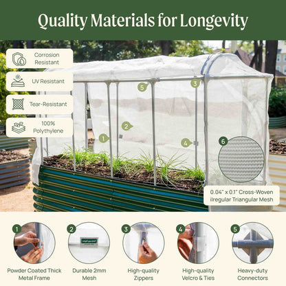 Close-up of a breathable mesh cover stretched over a rectangular garden bed to protect plants from pests and allow airflow