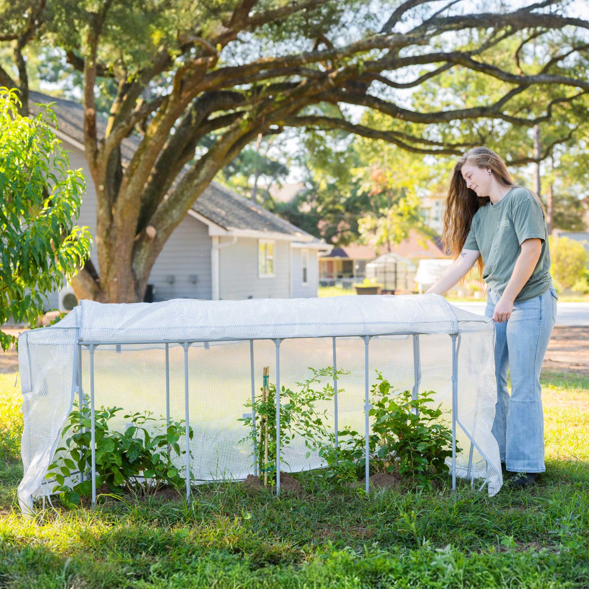 Frost protection garden cover with built-in trellis supporting climbing plants and shielding from cold