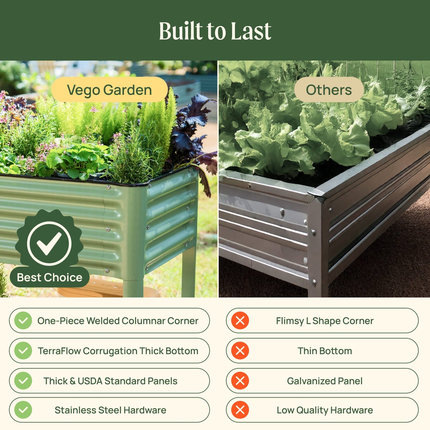 Wooden raised garden bed planter 2 by 6 feet filled with soil and young vegetable seedlings