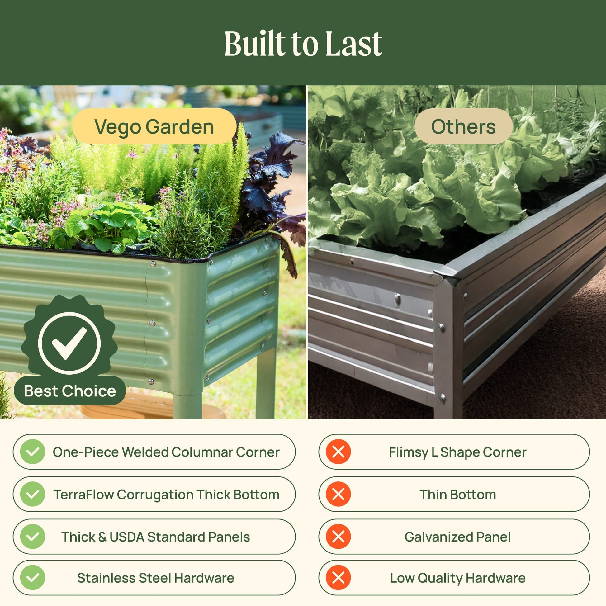 Wooden raised garden bed planter 2 by 6 feet filled with soil and young vegetable seedlings