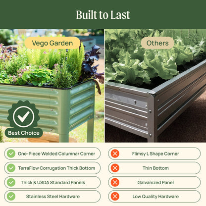 Wooden raised garden bed planter 2 by 6 feet filled with soil and young vegetable seedlings