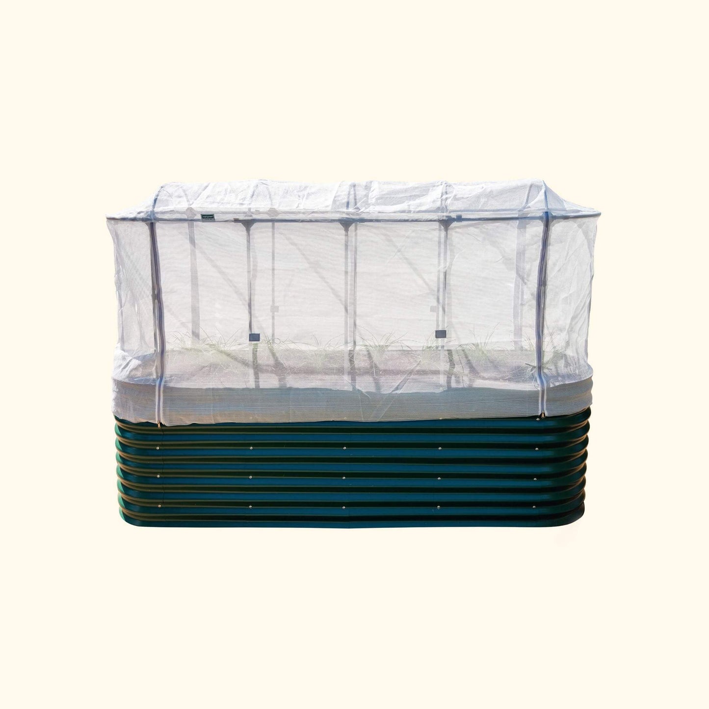 Ventilated mesh cover with zippered corner and elastic hem draped over raised garden bed to keep pests out