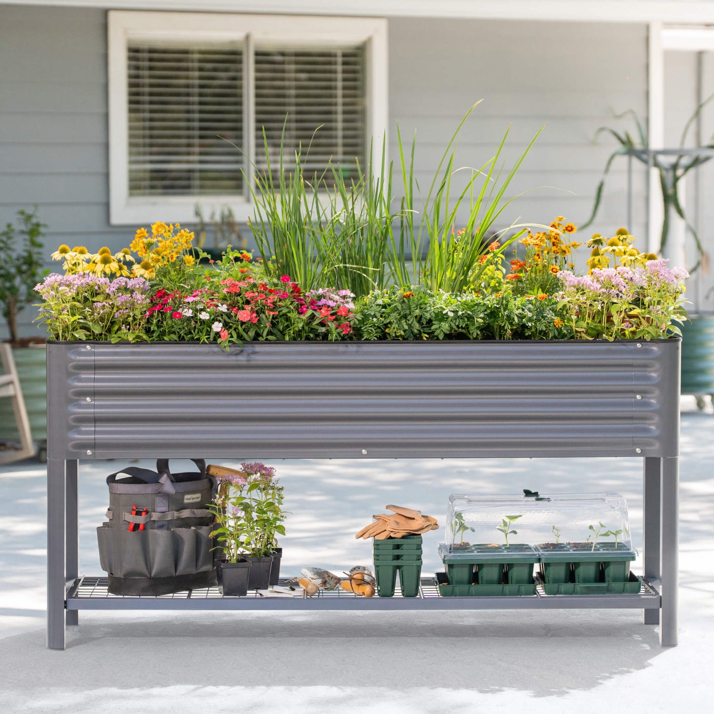 Raised slim garden bed with dark wood panels and metal corner posts set on mulch with herbs growing inside