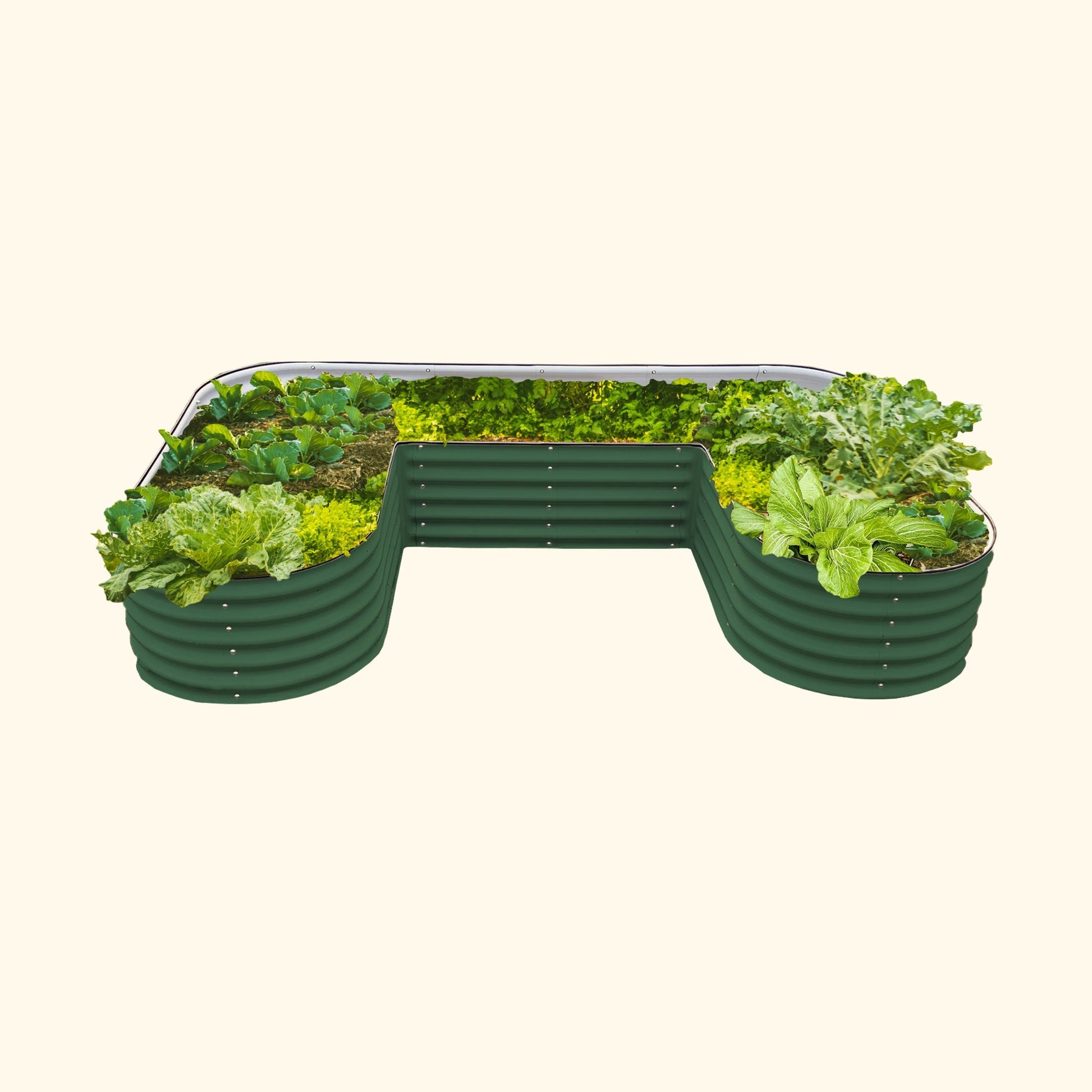 U-shaped raised garden bed kit assembled on patio with soil and potted plants, standard 17-inch height