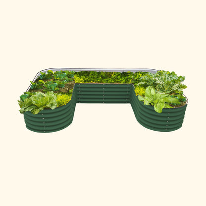 U-shaped raised garden bed kit assembled on patio with soil and potted plants, standard 17-inch height