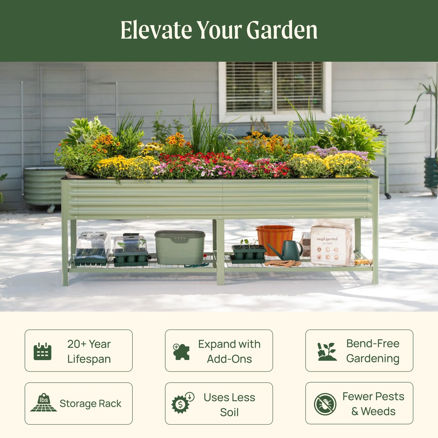 Large elevated wooden garden bed 3x8 feet with soil and mixed vegetables in backyard setting