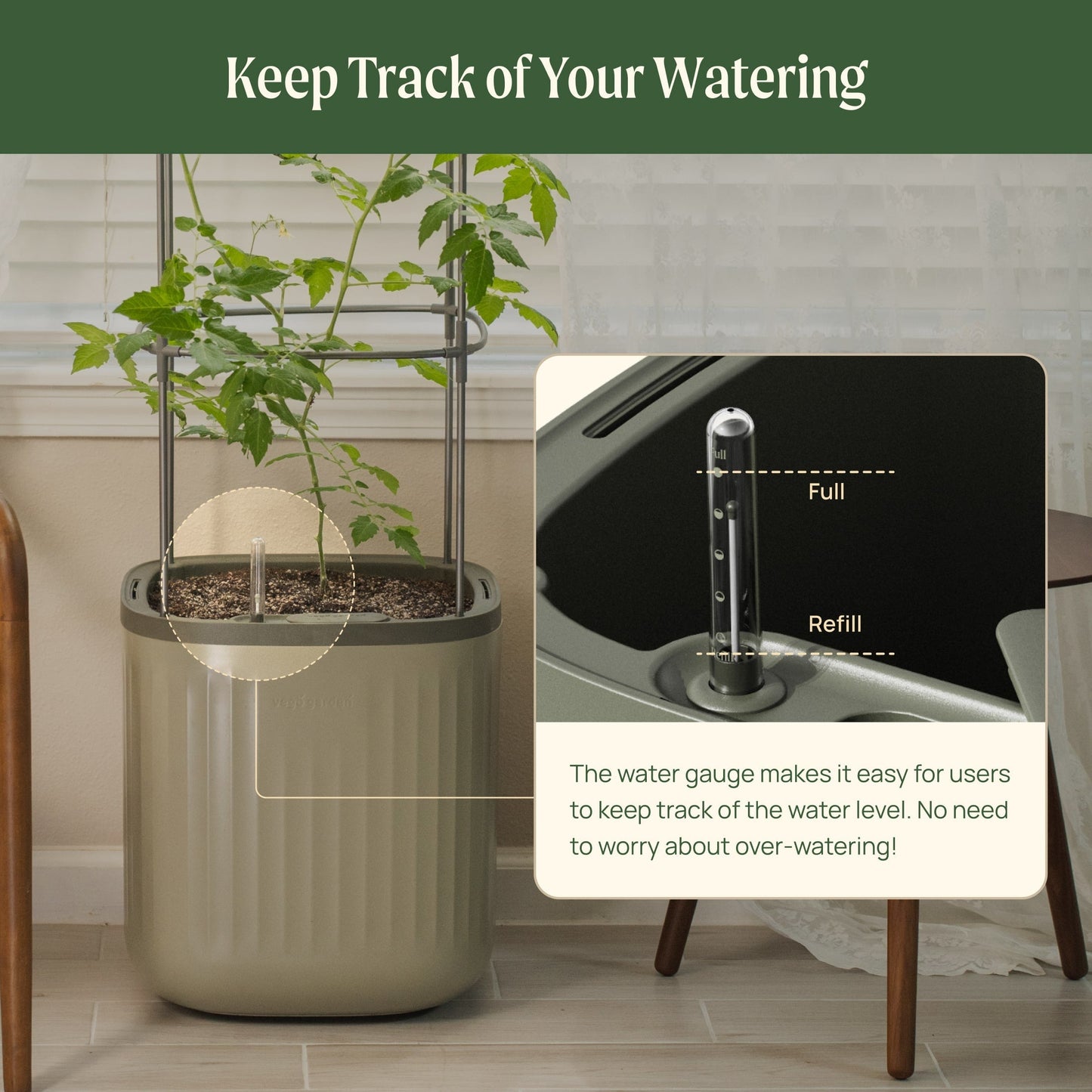 Tall self-watering tomato planter with integrated trellis and breathable fabric pot, filled with ripe tomatoes and green foliage