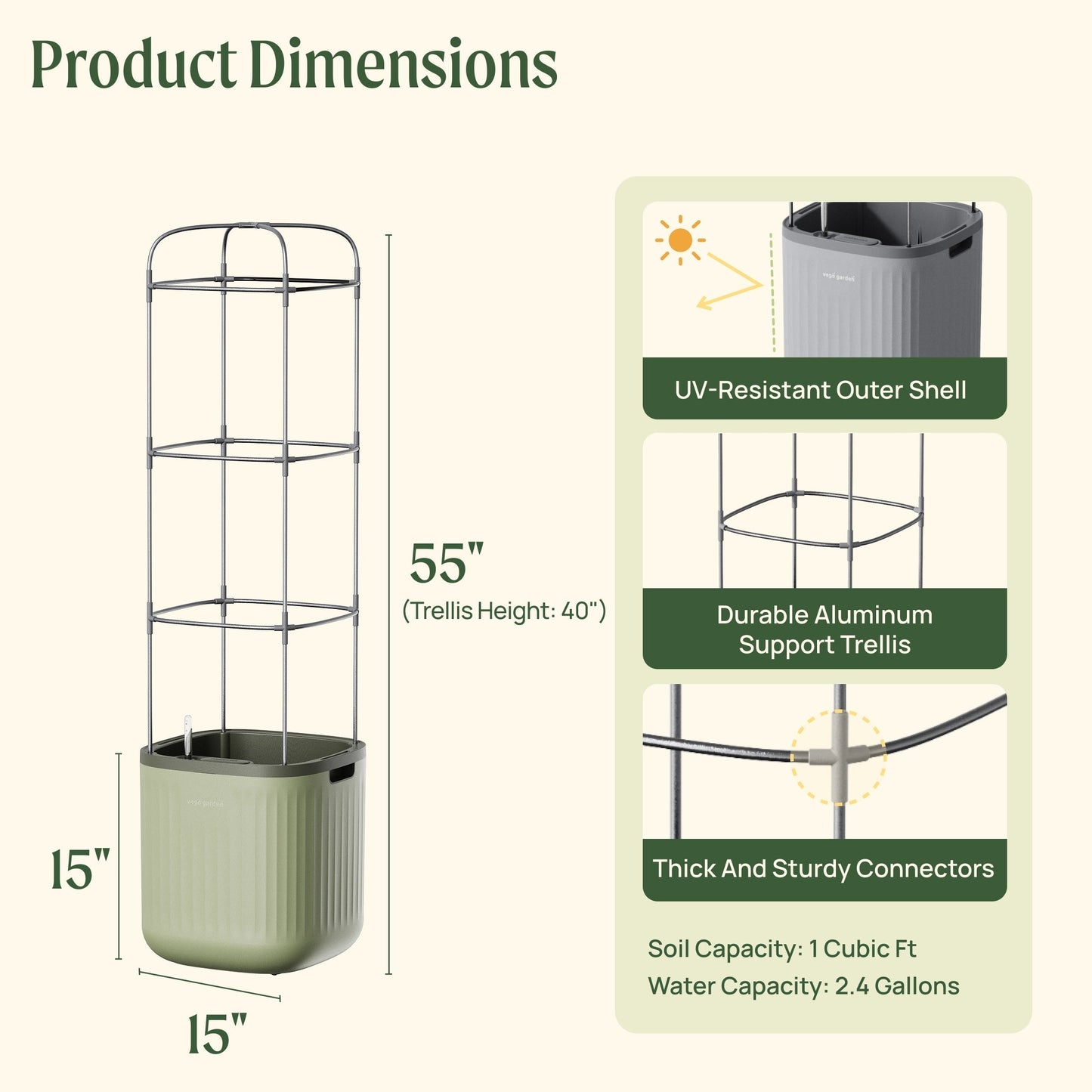 Tall self-watering tomato planter with sturdy trellis and lush tomato plant producing ripe red fruit