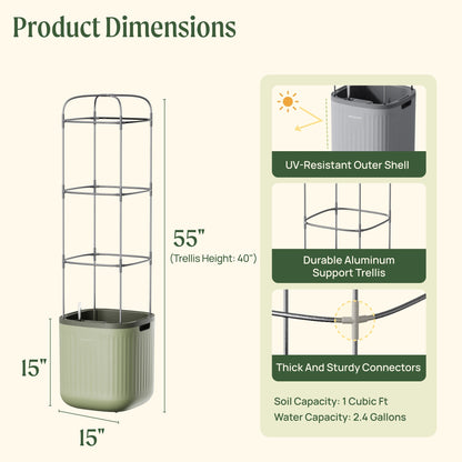 Tall self-watering tomato planter with sturdy trellis and lush tomato plant producing ripe red fruit