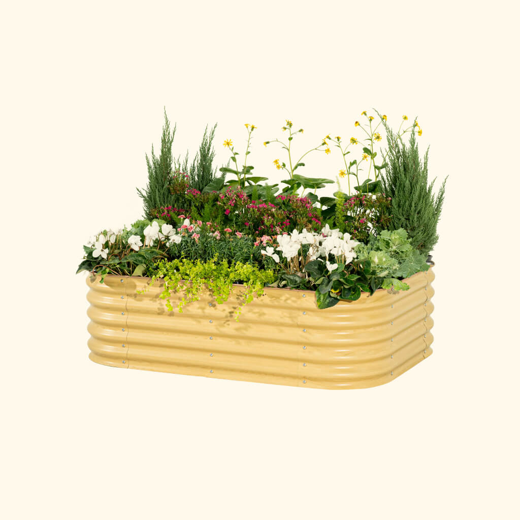 Modular 6-in-1 metal raised garden bed assembled outdoors with vegetables and flowers