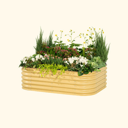 Modular 6-in-1 metal raised garden bed assembled outdoors with vegetables and flowers