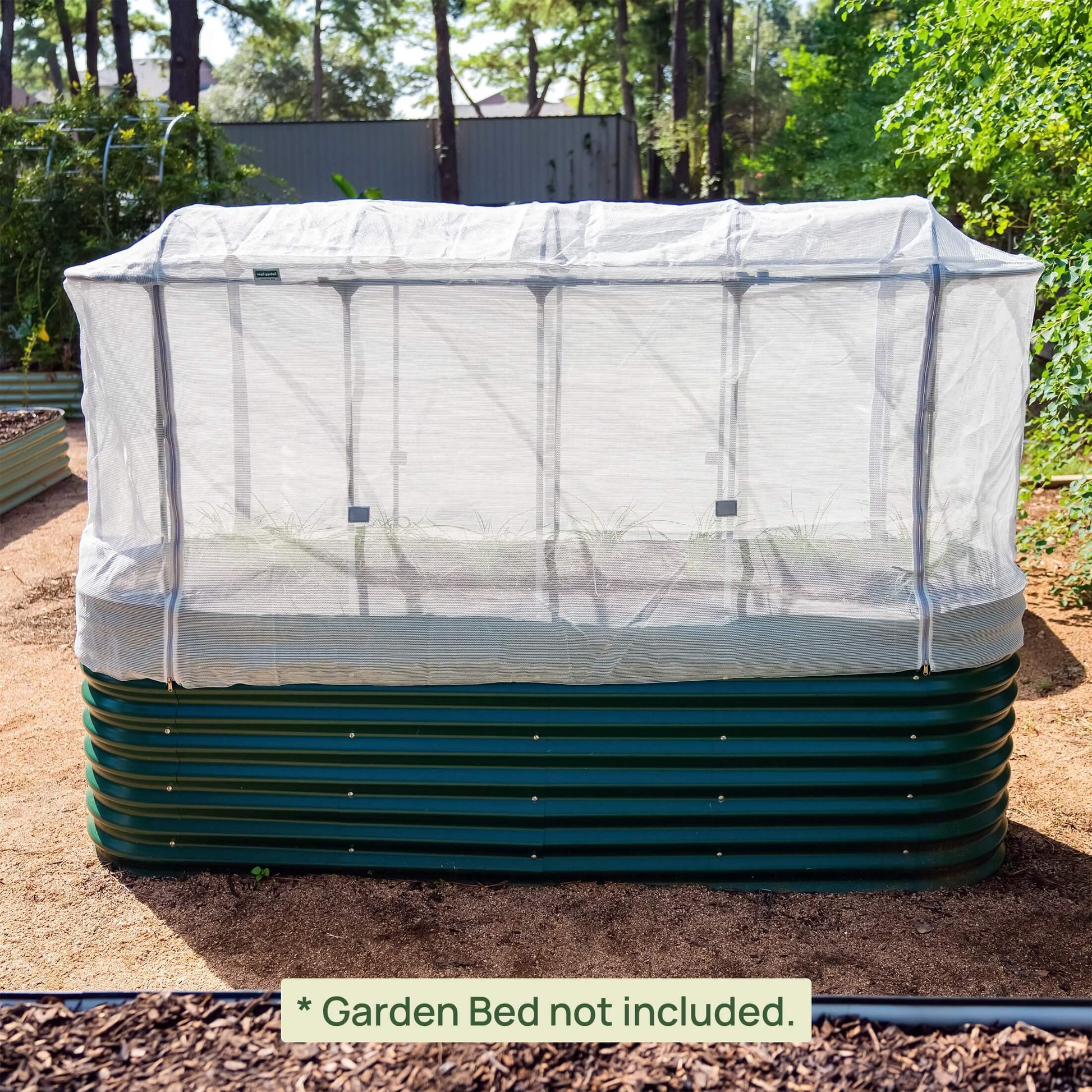 Protective ventilated mesh cover with zipper and rounded frame for garden plants and seedlings