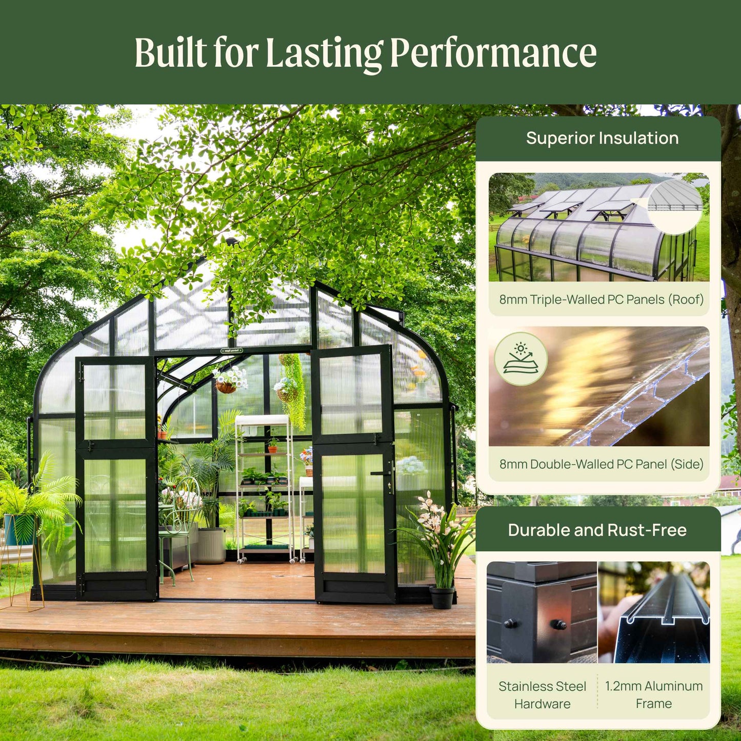 Spacious 10.5 ft wide greenhouse with arched metal frame, clear polycarbonate panels, and sliding door in garden setting