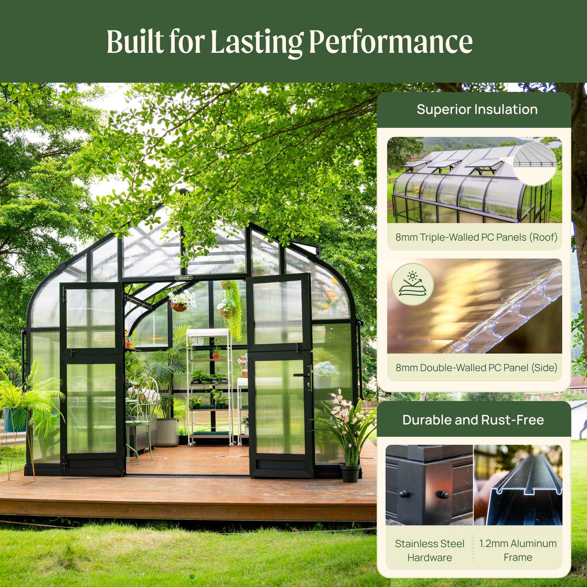 Spacious 10.5 ft wide greenhouse with arched metal frame, clear polycarbonate panels, and sliding door in garden setting