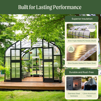 Spacious 10.5 ft wide greenhouse with arched metal frame, clear polycarbonate panels, and sliding door in garden setting