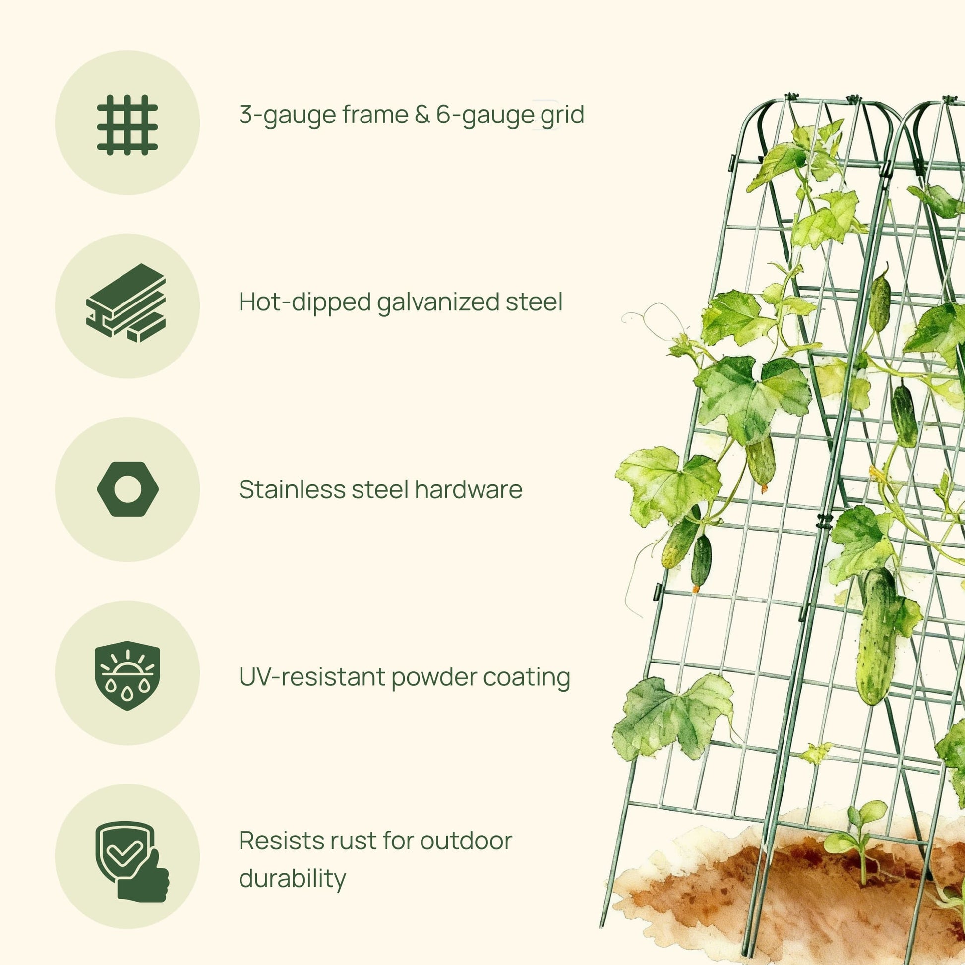 Two wooden A-frame garden trellises leaning in a backyard, supporting climbing plants and vines