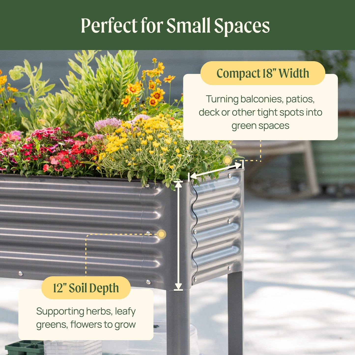 Slim elevated wooden garden bed with lattice sides filled with vegetables and herbs on a patio