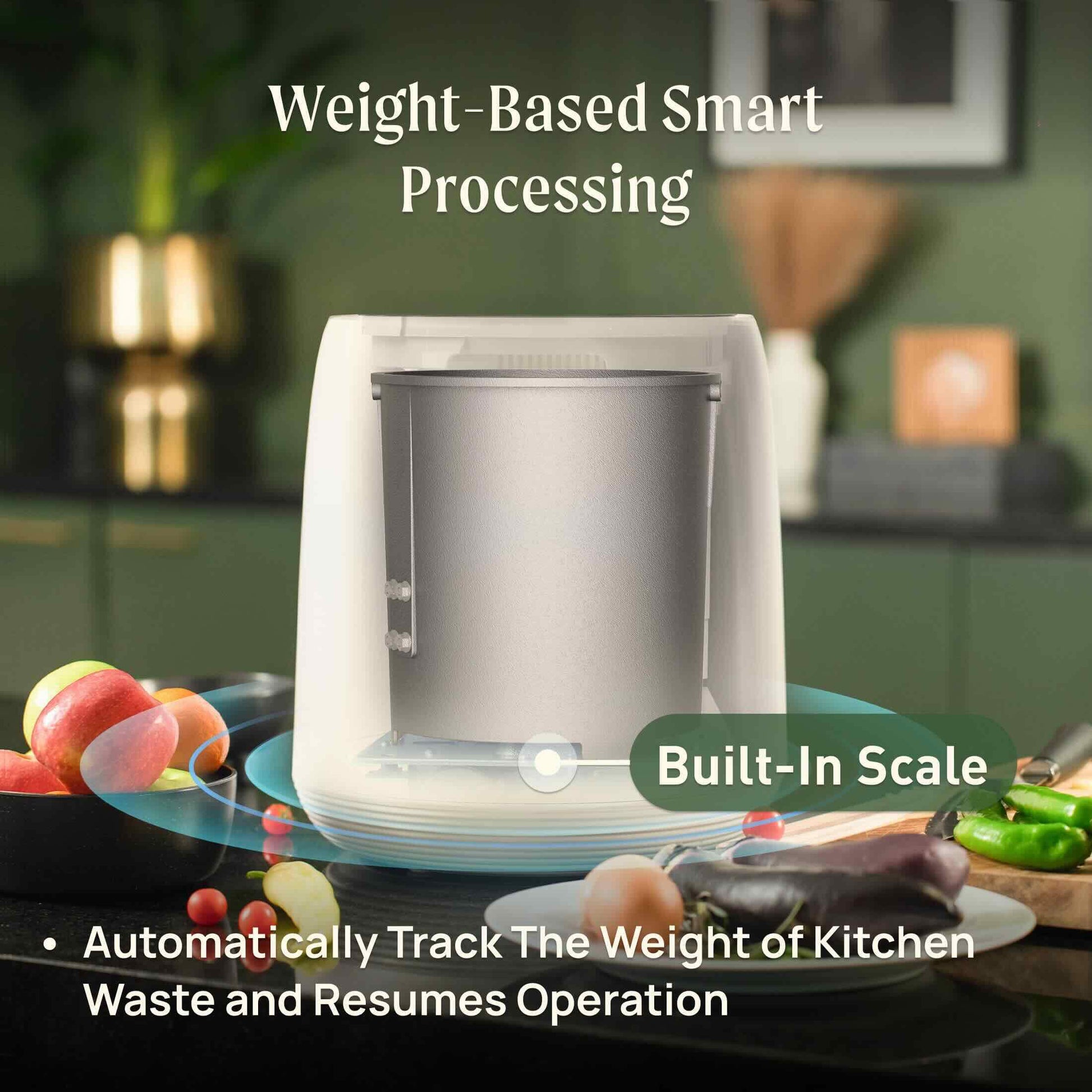 Small countertop compost bin with flip lid and charcoal filter on kitchen counter next to fresh vegetables
