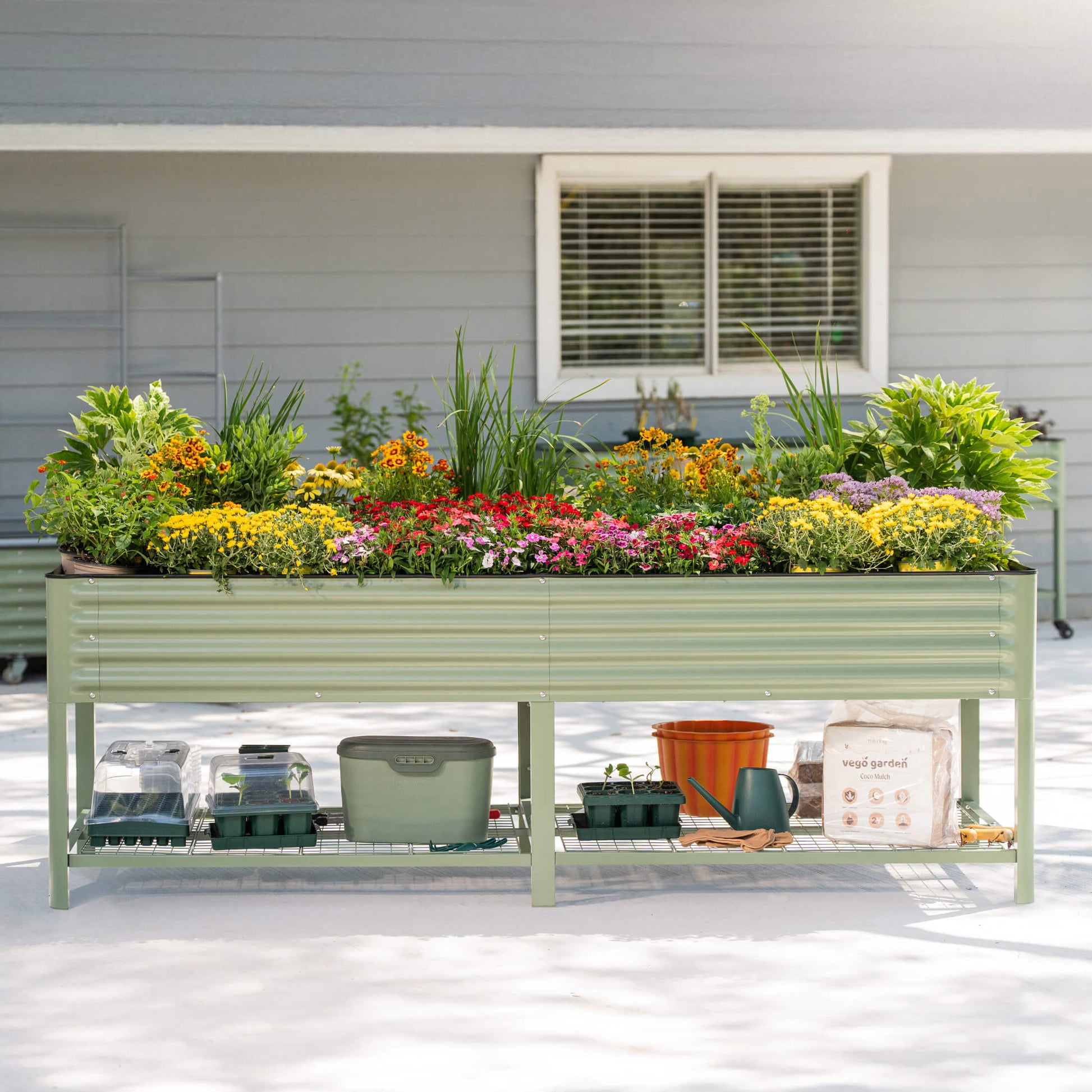 Large elevated wooden garden bed with soil and mixed vegetables on a backyard patio