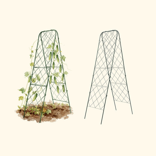 Foldable A-frame trellis with mesh panels supporting climbing vegetables and flowers in a backyard garden