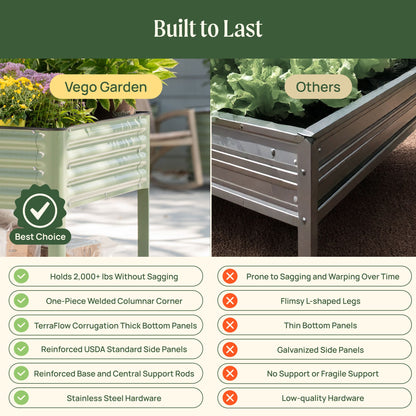 Raised wooden garden bed 3x8 ft with rich soil and young vegetable seedlings ready for planting