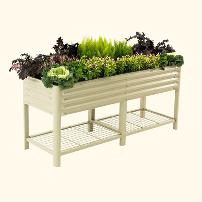Long raised wooden garden bed planter with soil and green herbs growing along its length