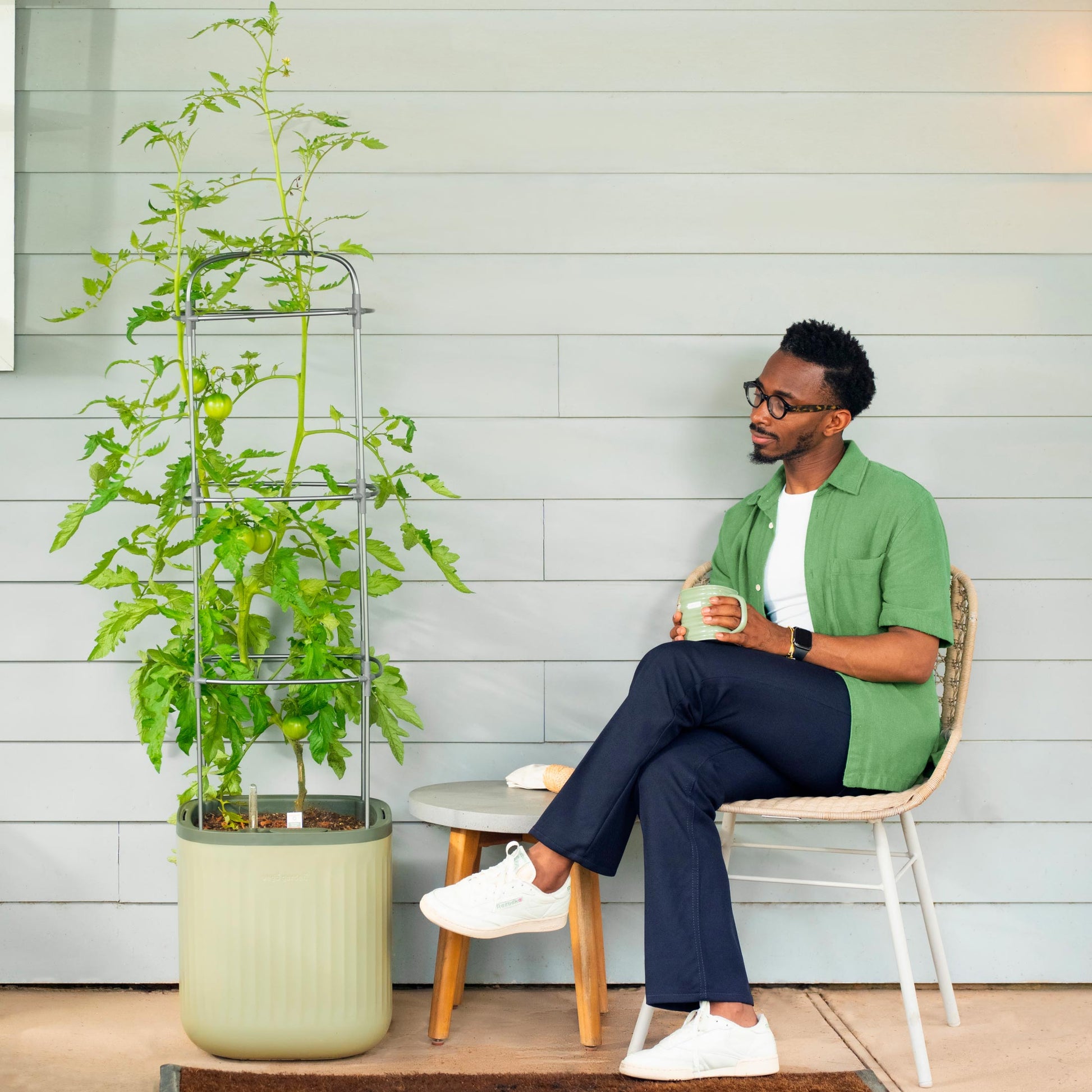 Tall self-watering tomato planter with attached trellis and lush green tomato plants in a patio setting
