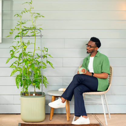 Tall self-watering tomato planter with attached trellis and lush green tomato plants in a patio setting