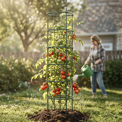 Three 6-tier metal tomato support towers arranged in a garden bed holding climbing tomato plants