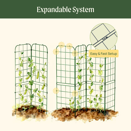 Two wooden A-frame garden trellises set up side by side with climbing vines in a backyard garden