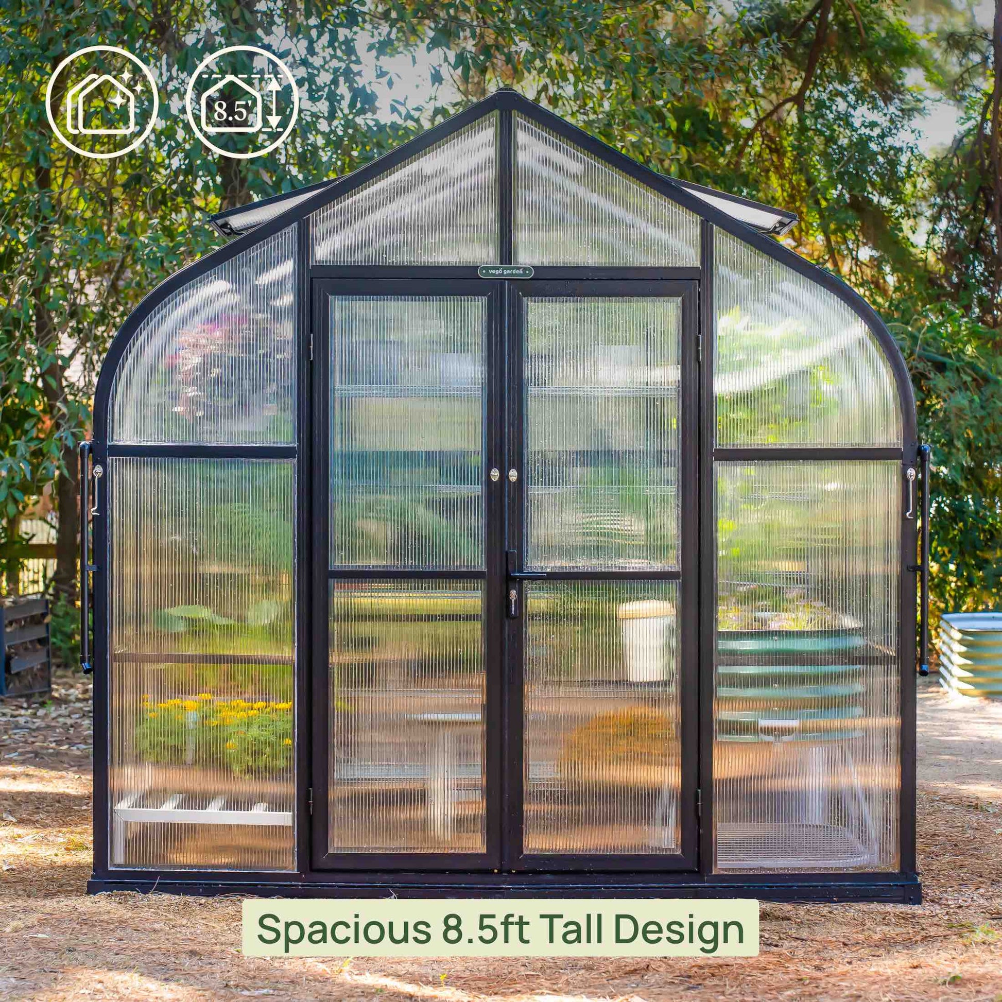 Large 8.5ft wide greenhouse with peaked roof and clear panels set on a backyard patio surrounded by potted plants