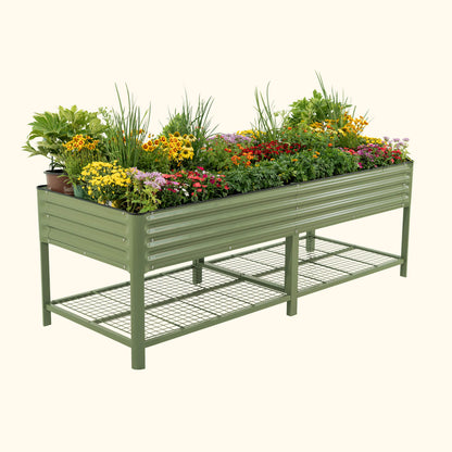Raised wooden garden bed 3x8 feet with trellis and vegetables growing in a backyard setting