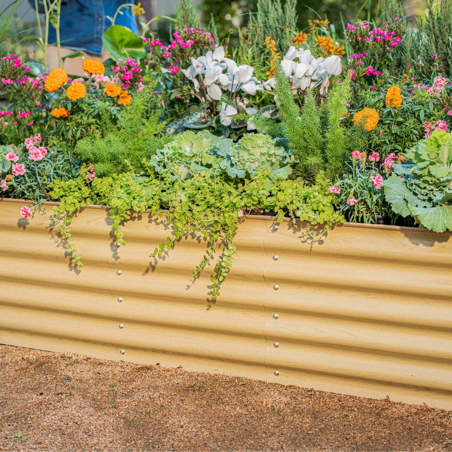 Modular 6-in-1 metal raised garden bed assembled outdoors with lush vegetables and flowers
