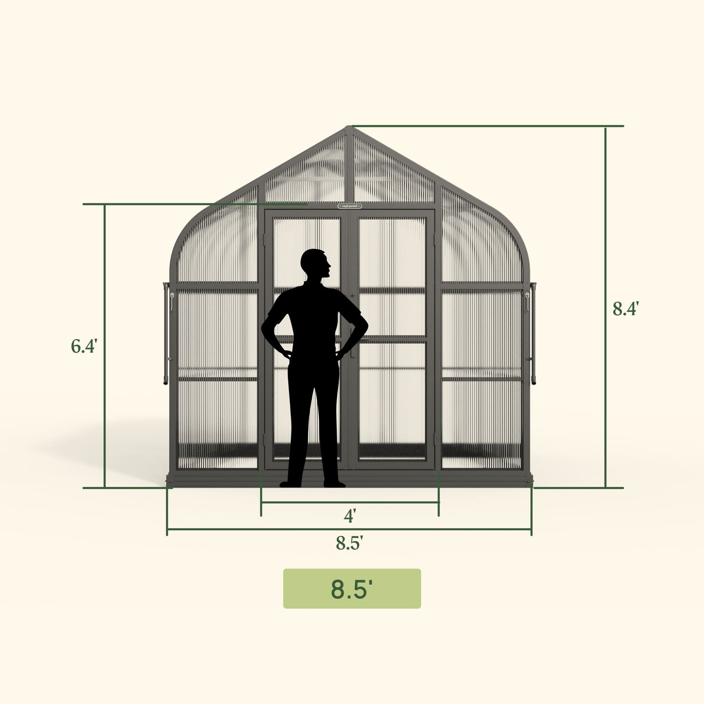 Large Pacific-style greenhouse with pitched roof and clear panels set on a wooden deck surrounded by potted plants