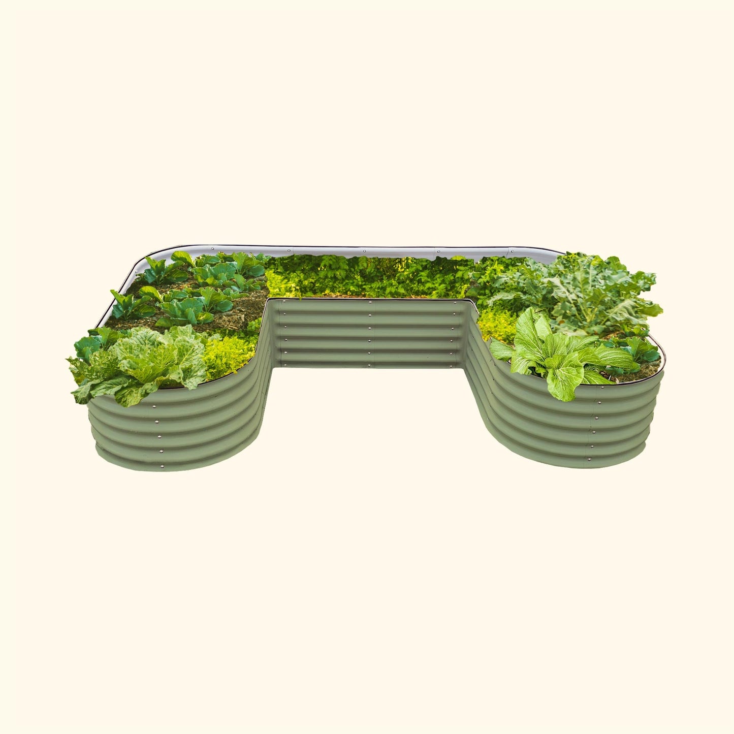 U-shaped raised garden bed assembled around porch with soil and potted herbs inside, showing 17-inch standard height