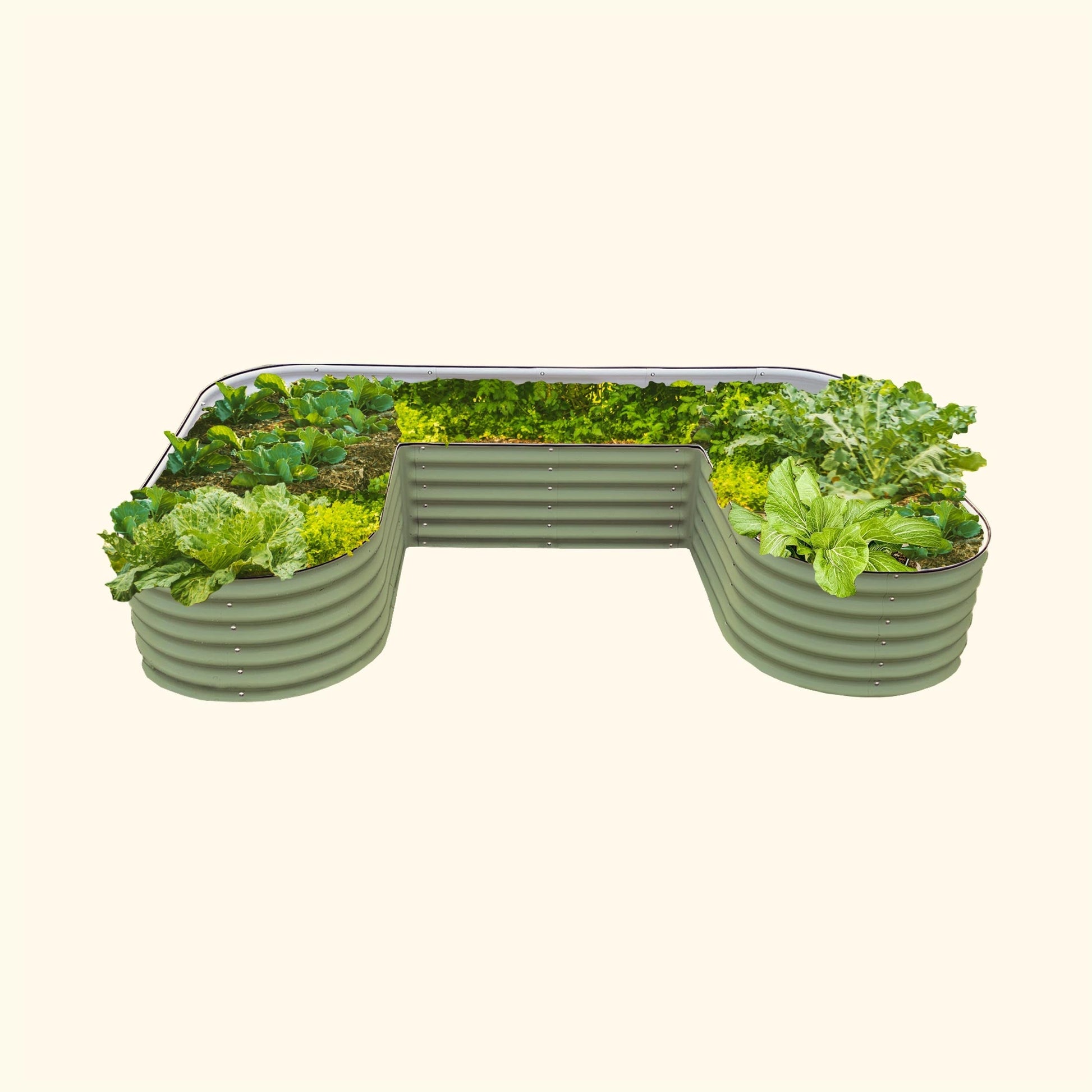 U-shaped raised garden bed assembled around porch with soil and potted herbs inside, showing 17-inch standard height