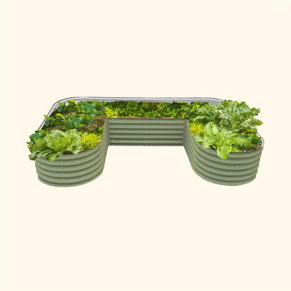 U-shaped raised garden bed assembled around porch with soil and potted herbs inside, showing 17-inch standard height