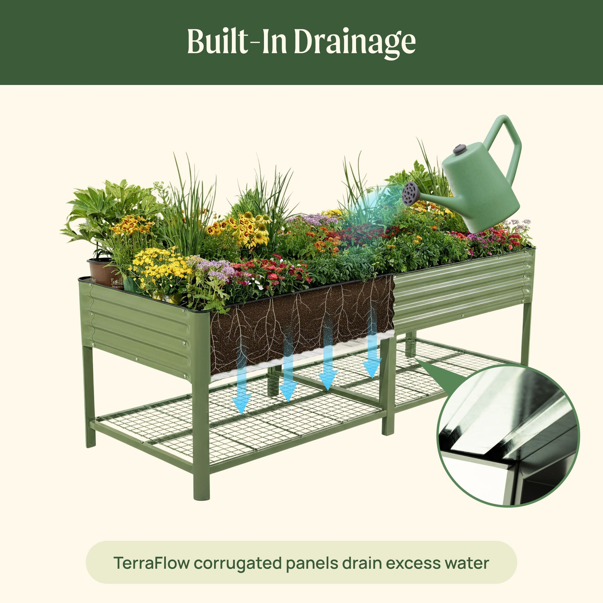 Raised wooden garden bed with rich soil and green seedlings beside a backyard fence