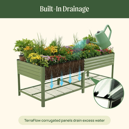 Raised wooden garden bed with rich soil and green seedlings beside a backyard fence