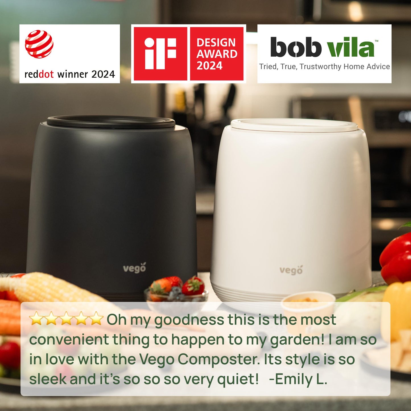 Small countertop compost bin with handle and lid on kitchen counter beside fruit bowl and cutting board